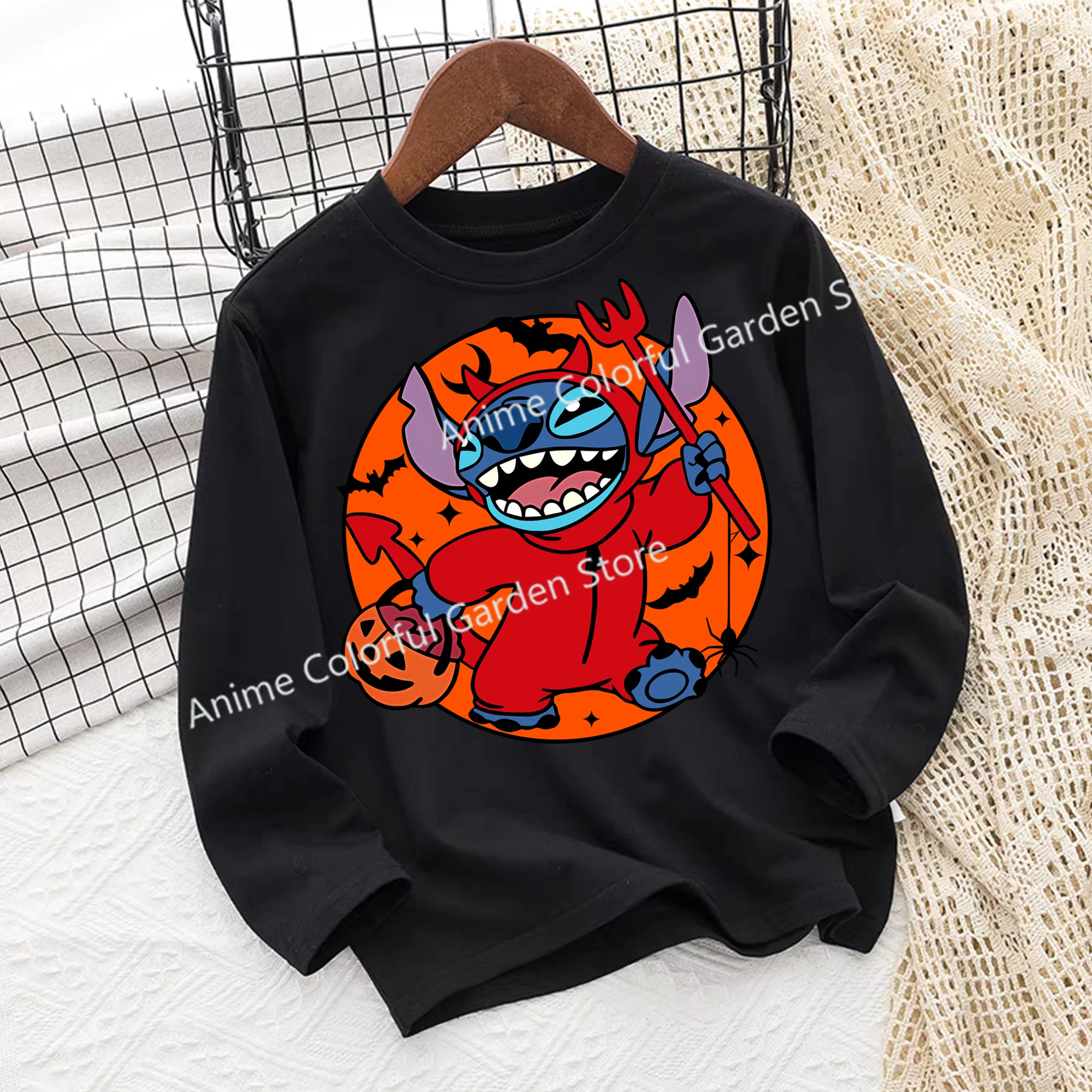 Halloween Disney Stitch Long Sleeved T-shirt for Children Anime Cartoon Funny Tops Festival Cosplay Kawaii Clothing Kids Clothes