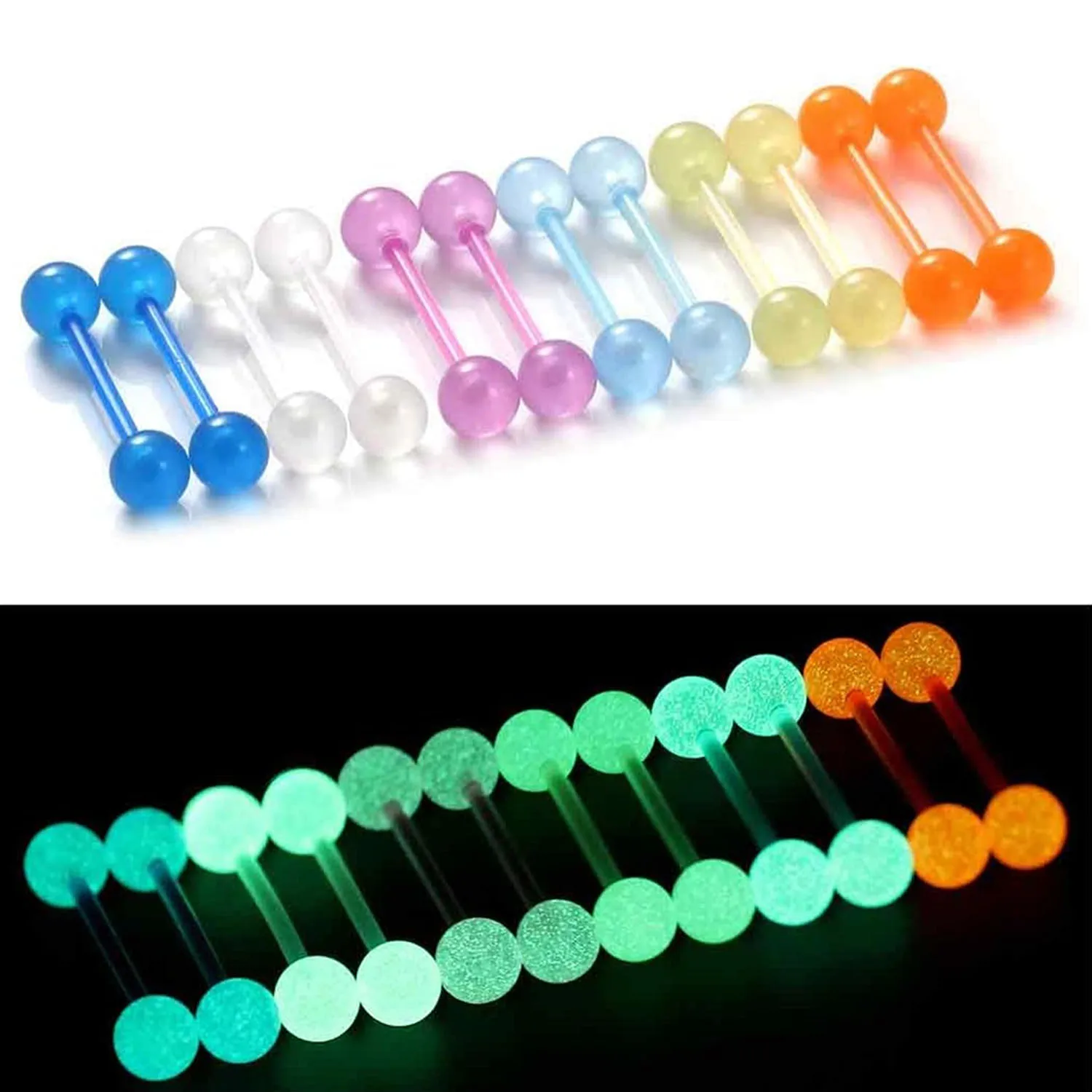 12PCS/24PCS 14G 16mm Glow in Dark Flexible Acrylic Straight Tongue Rings Plastic Nipple Ring Retainer Body Piercing Jewelry
