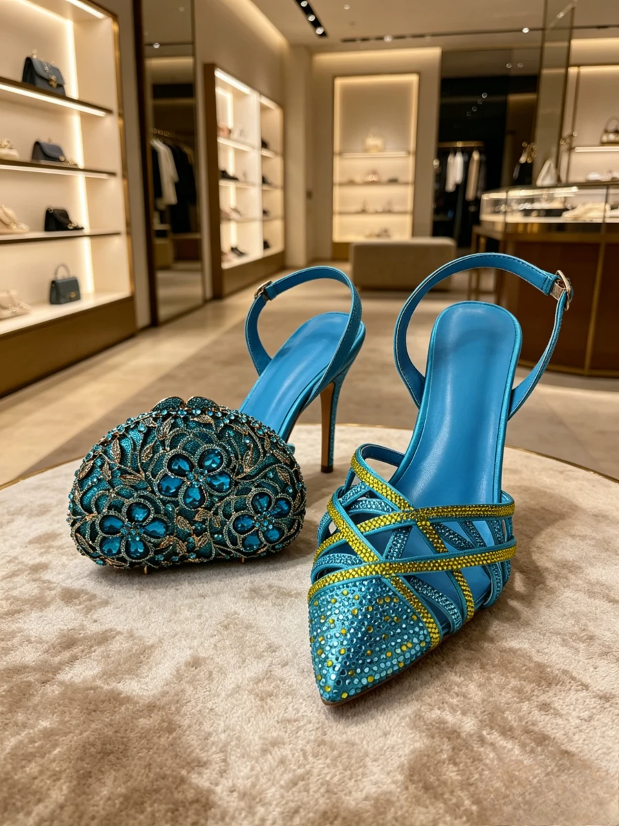 

Elegant Blue Rhinestone Slingback Heels & Matching Floral Clutch Set Women's Evening Runway Shoes Chaussures Femme Confortable