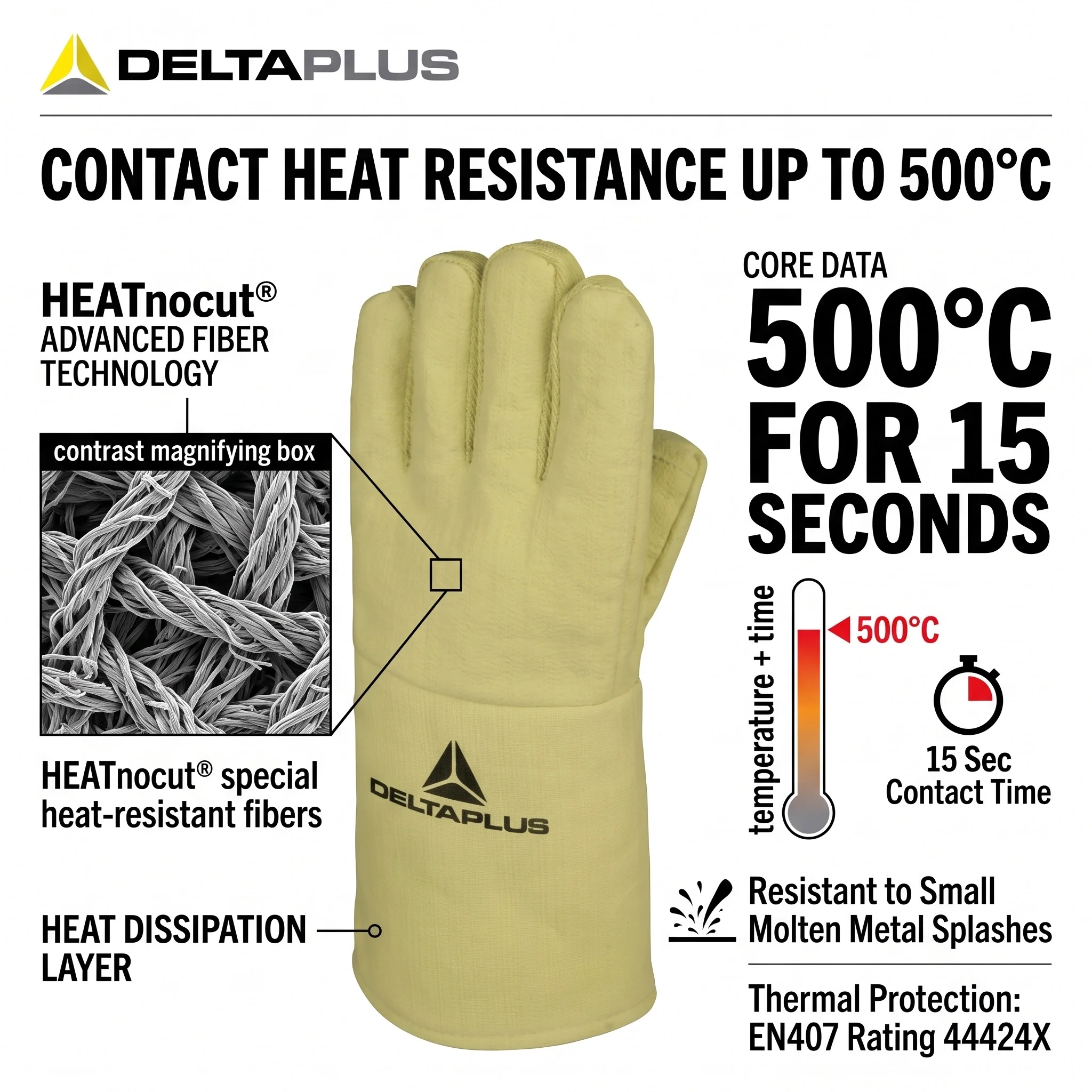 DELTAPLUS Heat Resistant Cut Proof Work Gloves 500℃ High Temp Heavy Duty Leather Welding Safety Gloves ANSI A9 Cut Resistant