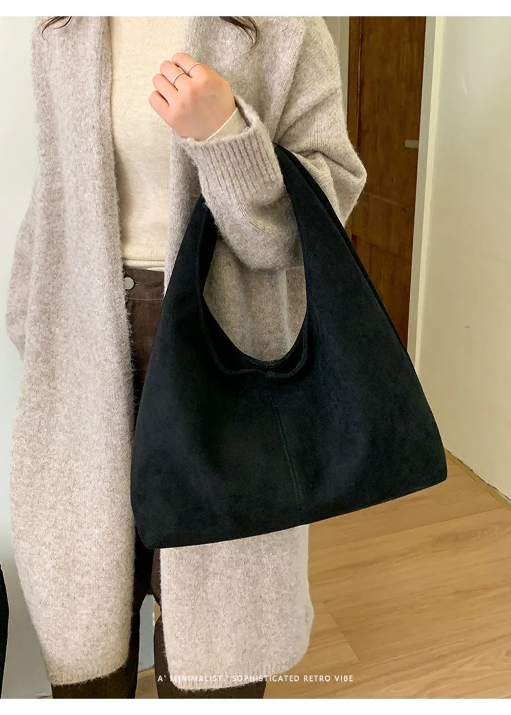 Lässige Retro-Damen-Schultertasche aus Wildleder mit großem Fassungsvermögen, einfarbige Shopper-Tasche – Detail 15