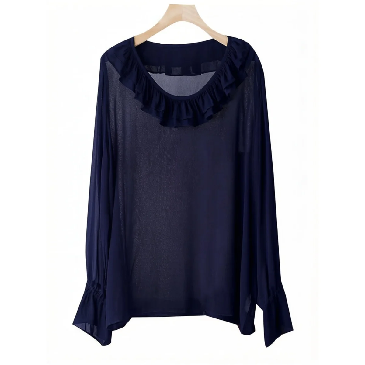 Korean Fashion plus Size Women's Blouse Long Sleeve Chiffon Top with Ruffle Collar Sexy Elegant Thin See-through 5XL 6XL view 3