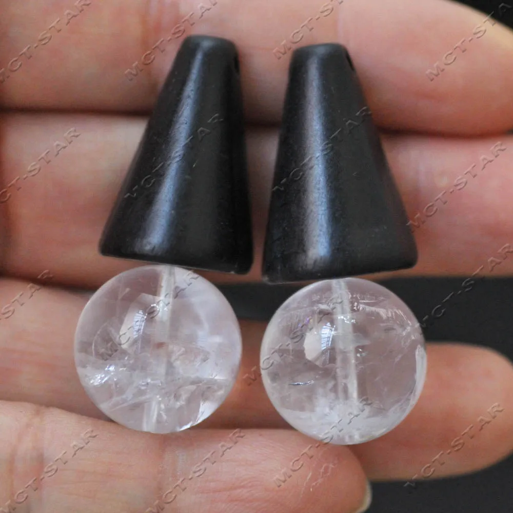 Z14733 18mm Handmade Natural Taper Black Walnut Wood Clear Quartz Sphere Crystal Dangle Earrings for Women
