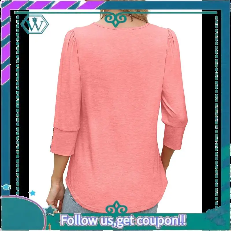 

A09P Womens Tops 3/4 Sleeve With Buttons Dressy Casual Blouses Summer Beach Vacation Outfits