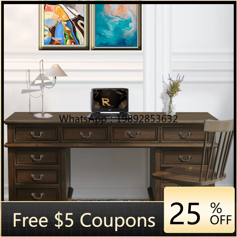 LYY Walnut American Style Large Study Desk Pure Solid Wood Home Study Desk
