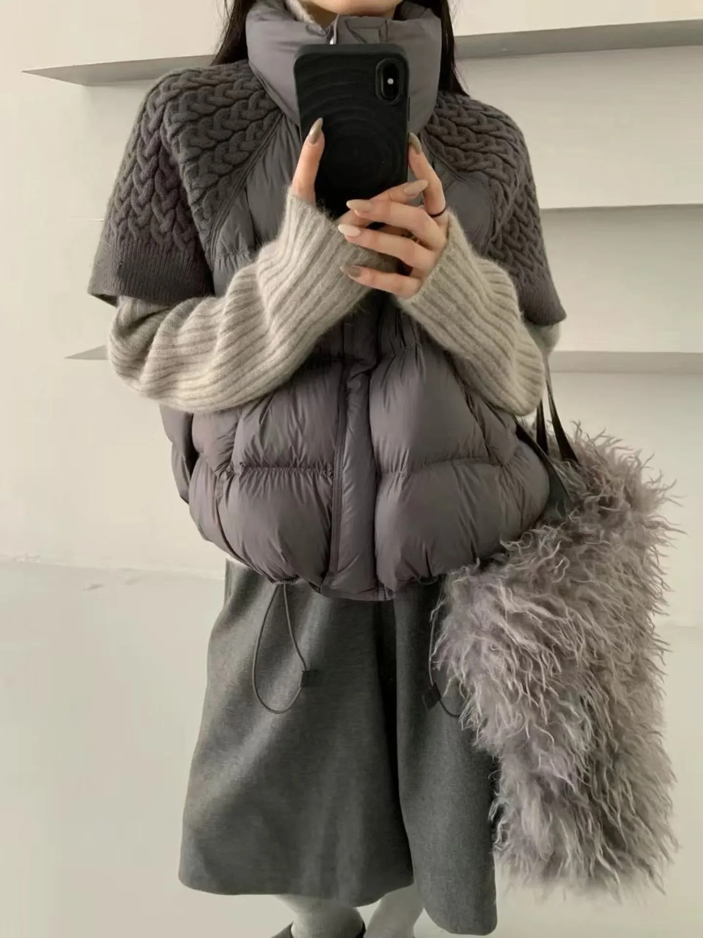 

Women's Knitted Patchwork Stand Collar down Vest Winter Warm Slimming Trendy White Duck Feather Jacket Commute Style Loose Fit