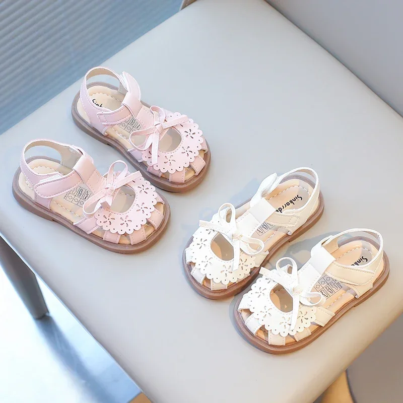 

Summer Girl's Sandals Hollow-out Cover Toe Floral Kids Sliders Beige Pink Sweet Pu Leather Toddler Hook-loop Children Slippers