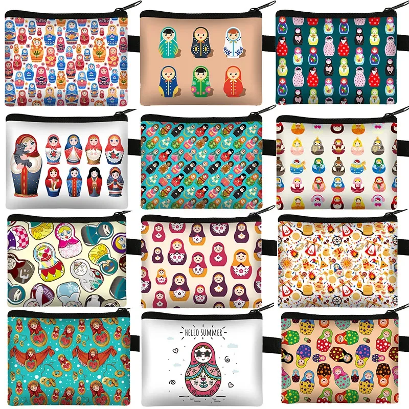 Cute Matryoshka Dolls Print Coin Purse Russian Nesting Dolls Coin Bags Earphone ID Credit Card Key Bag Holder Small Wallets Gift