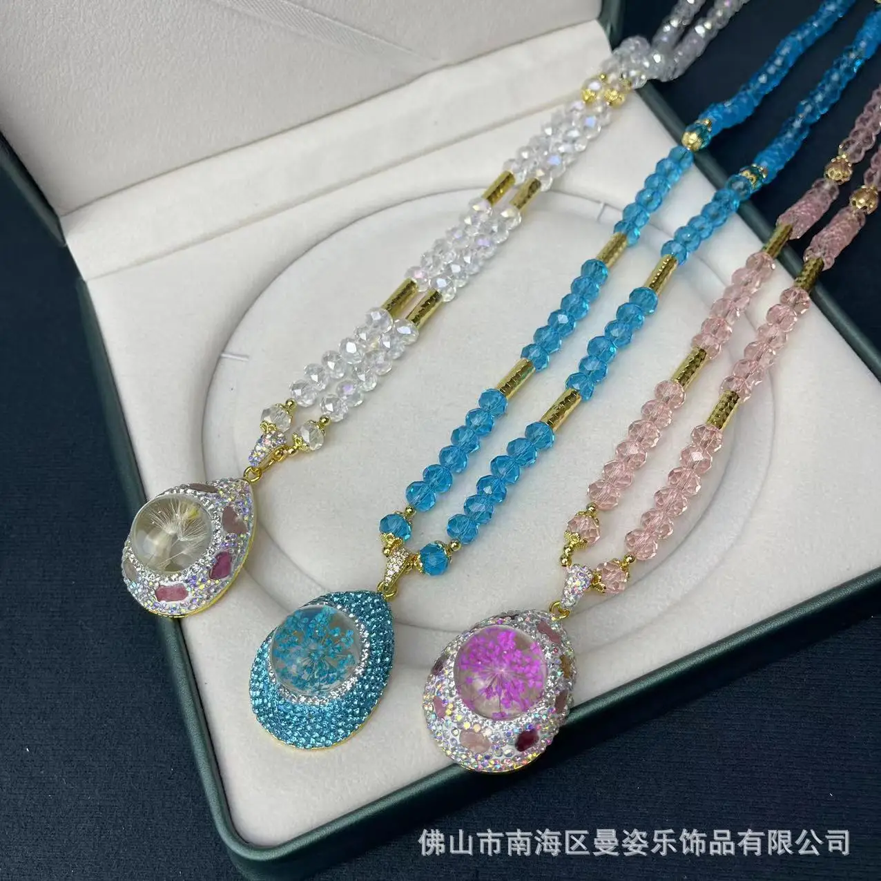 DIY accessories New retro immortal flower necklace jewelry European and American rhinestone geometric blue glazed sweater chain