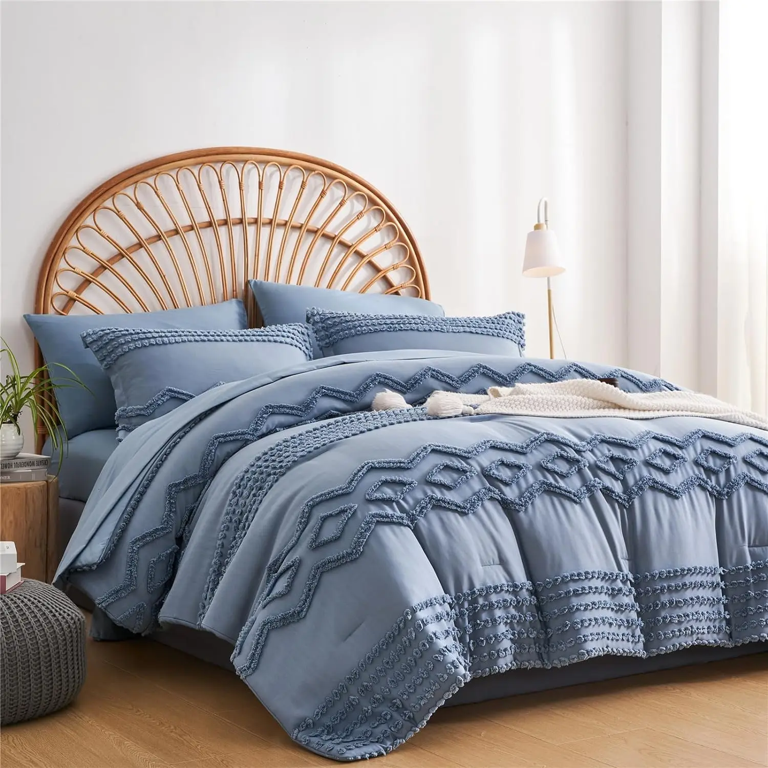 

Blue Tufted Comforter Set Full Size 7 Piece Bed in a Bag, Shabby Chic Boho Comforter and Sheet Set, Pom Pom Textured Be