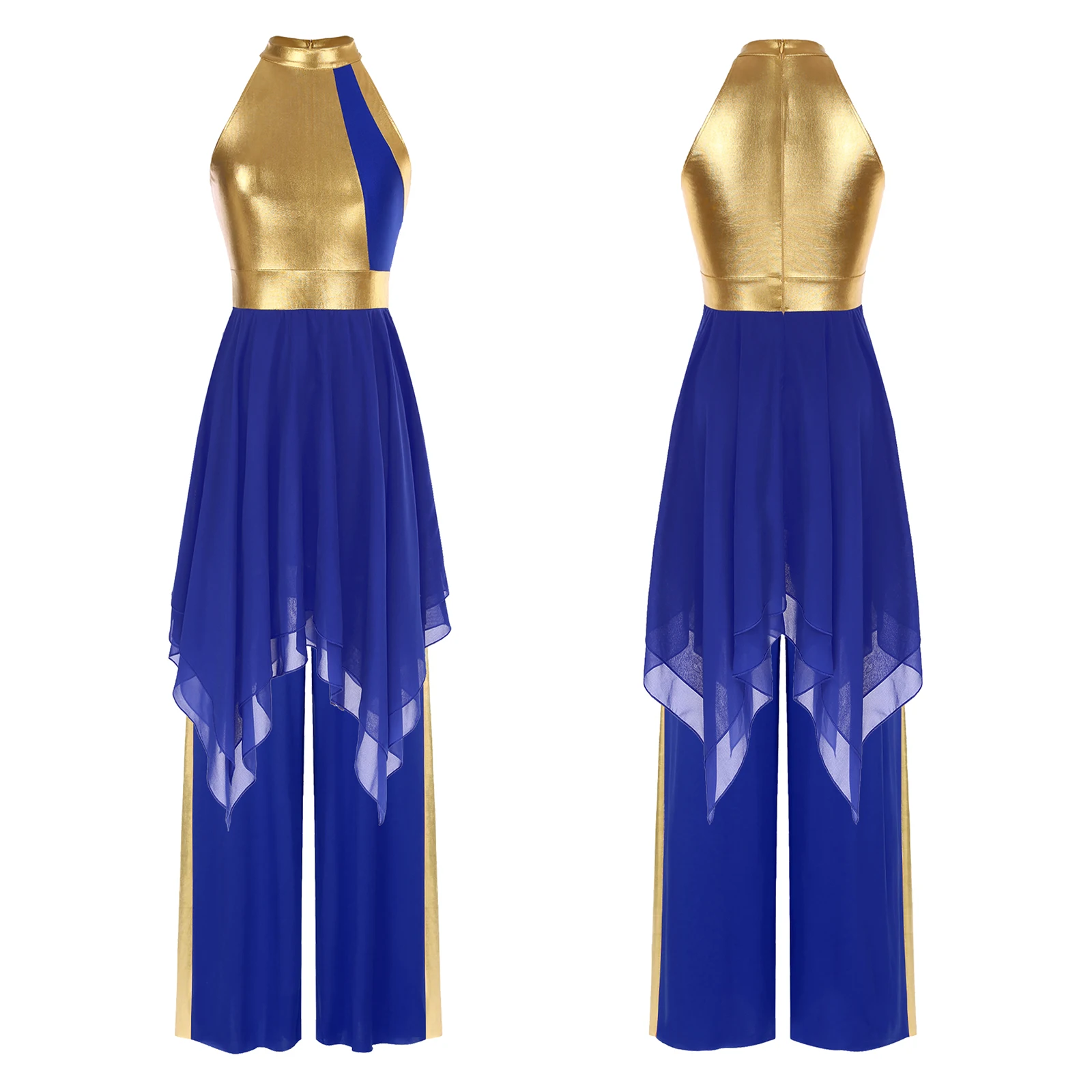 

Women Liturgical Dance Outfit Sleeveless Ruffled Asymmetrical Hem Dress Metallic Patchwork Loose Pants Stage Performance