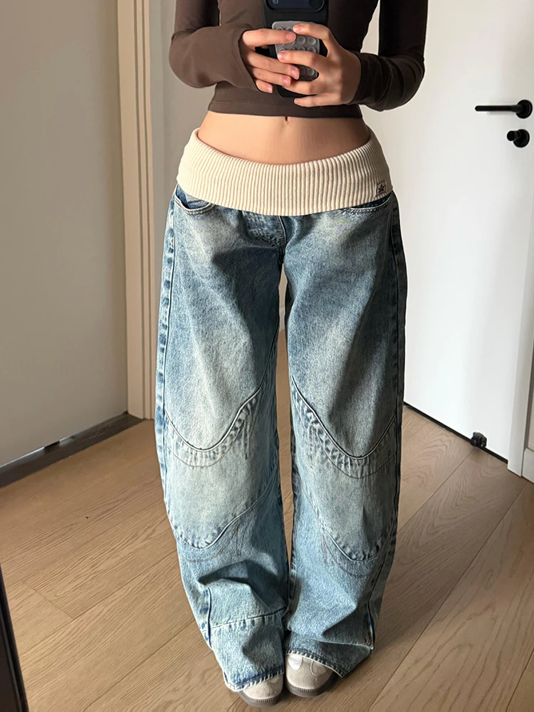 

Retro Waed American High Street Denim Jeans Women Loose Wide Leg Pants High Waist Cuffed Waist Vintage Design Casual Trousers
