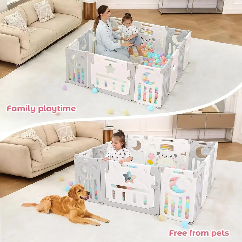 روضة أطفال محمولة مكونة من 14 لوحة للأطفال الصغار، سياج أمان قابل للطي، رمادي وأبيض، مناسبة للاستخدام الداخلي والخارجي #4