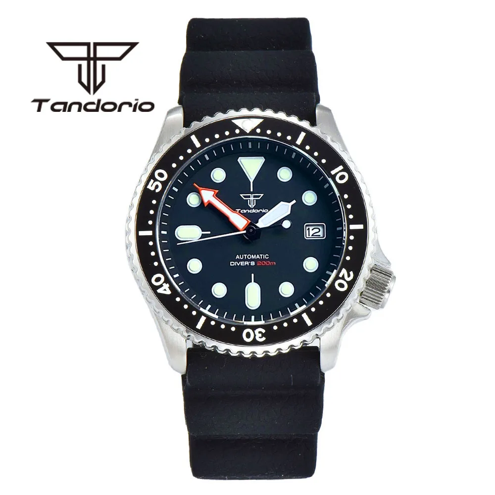 Tandorio 41mm 200m NH35A Diving Automatic Watch for Men Luminous Black Dial Date Sapphire Crystal Rotating Bezel Rubber Strap