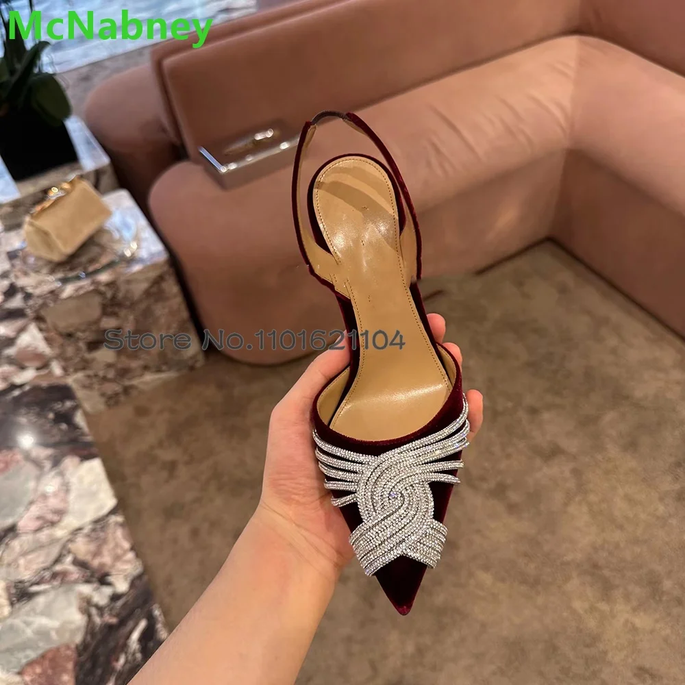 Wine Red Suede Fabric Crystal Pumps For Female Women Pointed Toe Back Strap Slingback Thin High Heel Shallow Elegant Shoes