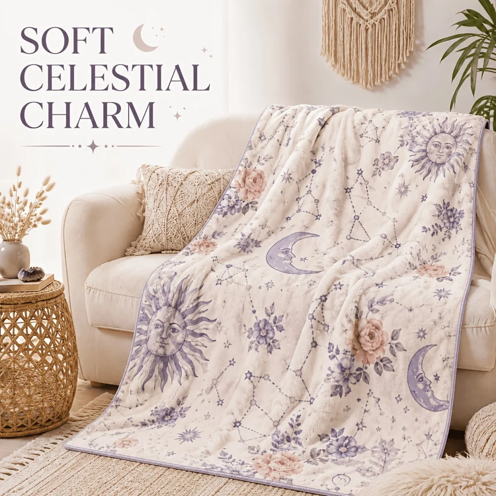 Soft Flannel Throw Blanket Sun Moon Constellation Floral Print Warm Plush Cover for Sofa  Mystical Style Room Household