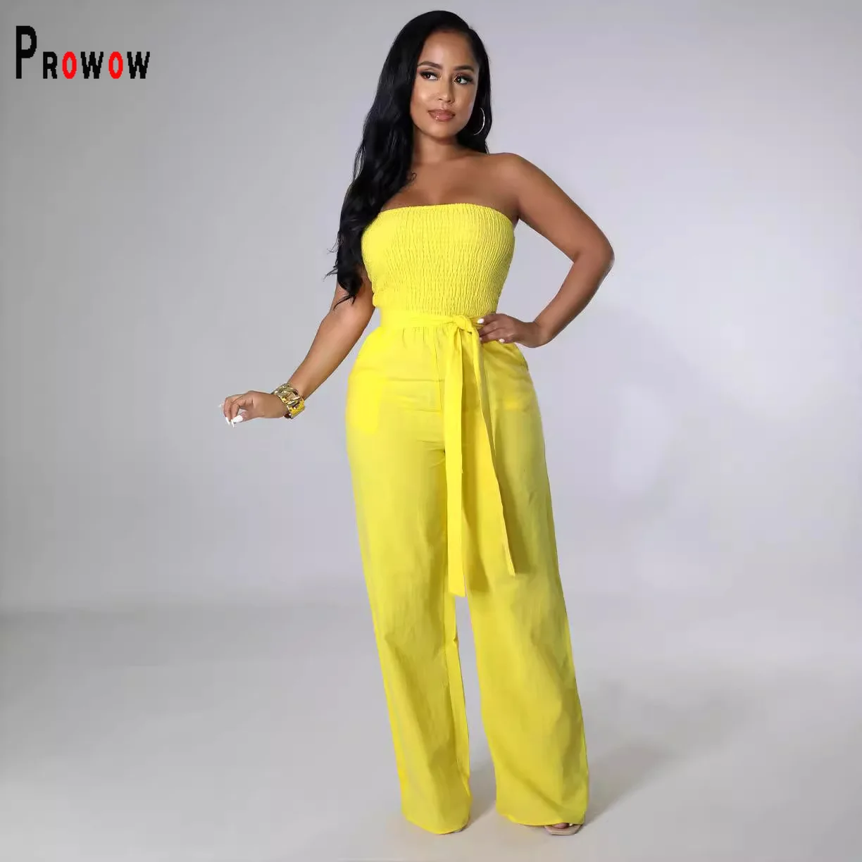 Prowow High Waist Women's Jumpsuits One-piece Solid Color Summer Sleeveless Female Clothing with Belt Slim Fit Wide Leg Pant