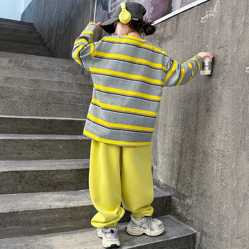 2026 Fashion Girls Spring Clothing Set Kids Sweatshirts + Pants 2 Pieces Suits Children Casual Striped Clothes Outfits Fro 5-14Y