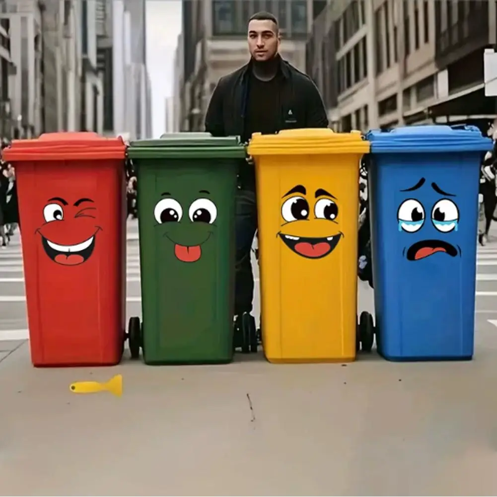 Autocollants de recyclage d'expression de dessin animé, autocollants auto-adhésifs imperméables pour poubelle, décor de couvercle de toilette, 4 pièces/feuille