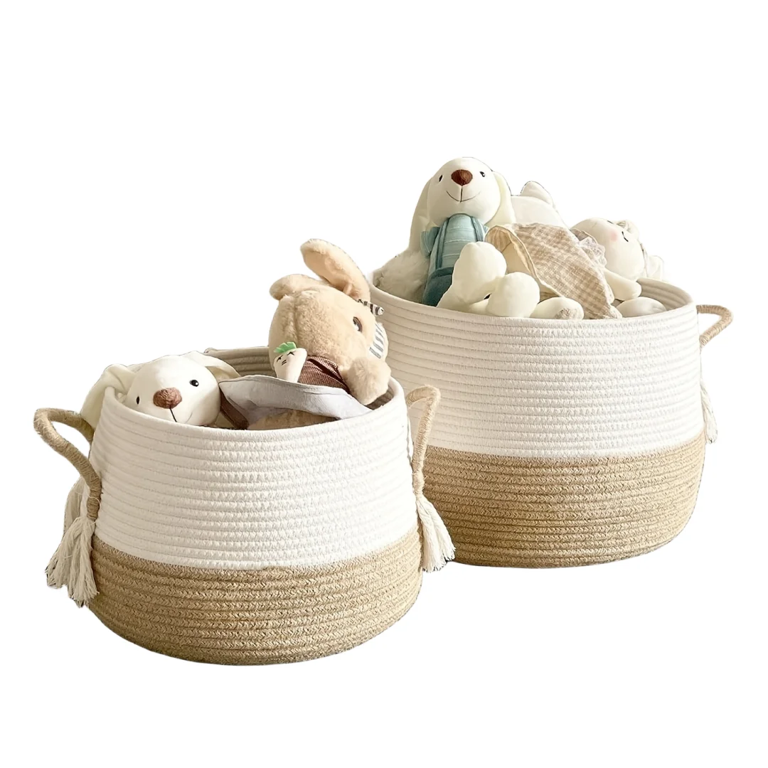 Hand-woven Household Baskets Home Storage Brown Tassel Handle Cotton Rope Storage Basket Toy Doll Organizer Laundry Container