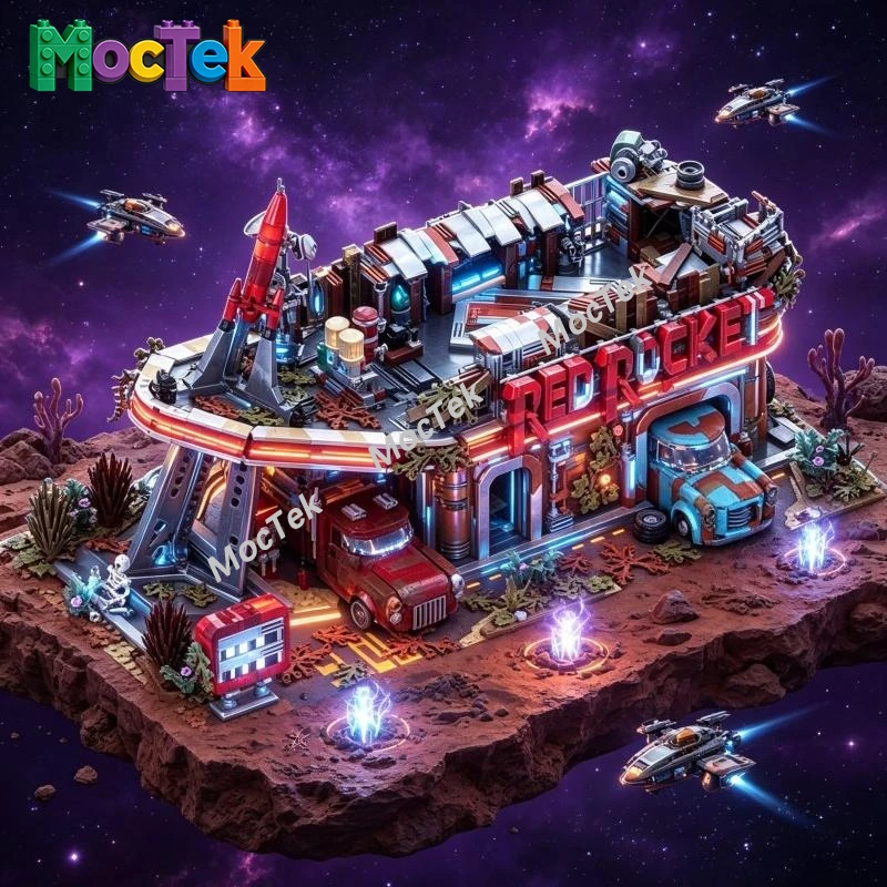 

Конструктор Red Rocket Gas Station MOC: Ретро-заправка, постапокалиптическая разрушенная АЗС, сборные блоки, подарок для коллекционеров