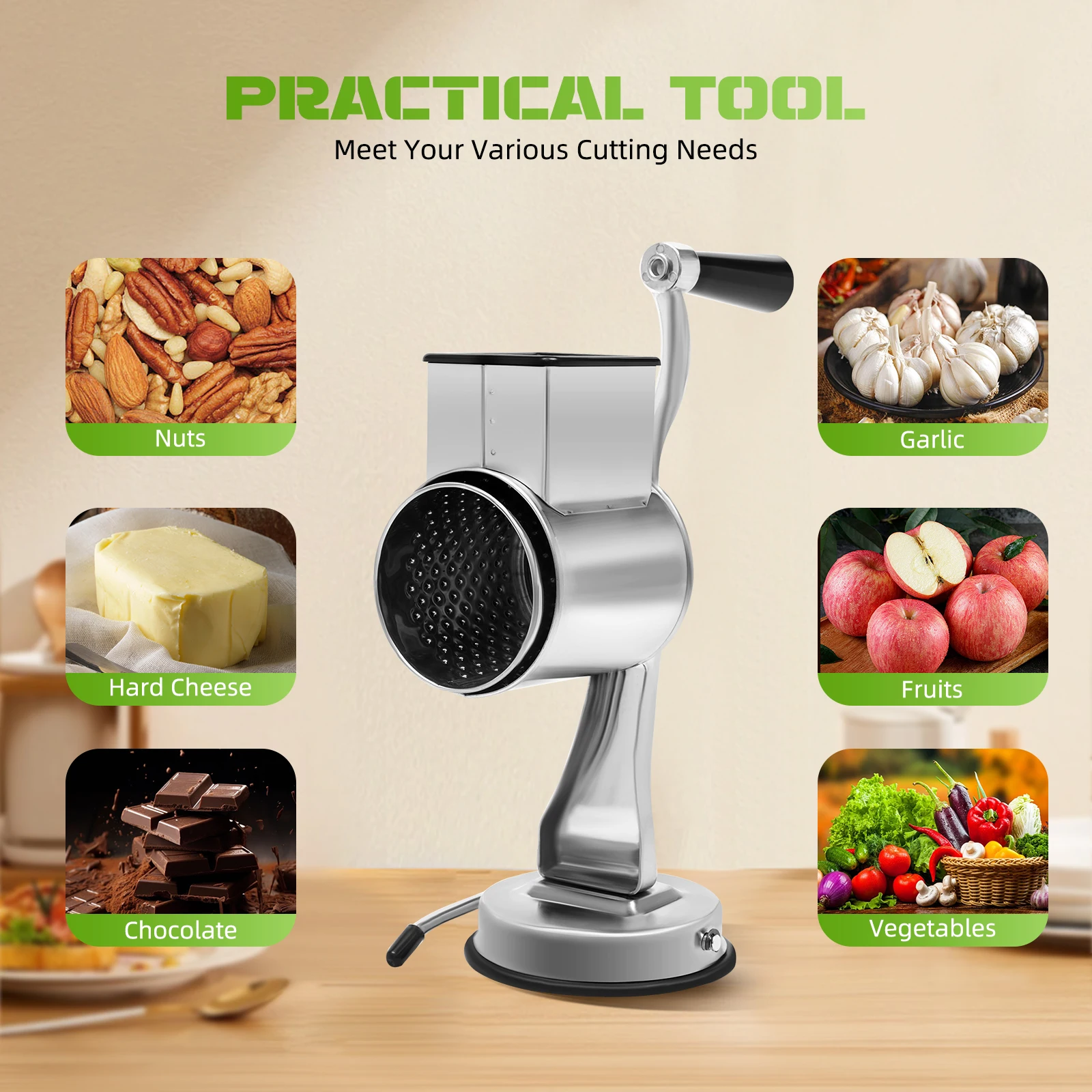 

5-Blade Rotary Vegetable Grater, Manual Kitchen Slicer w/ Suction Base, Stainless Steel Food Chopper for Fries, Shreds