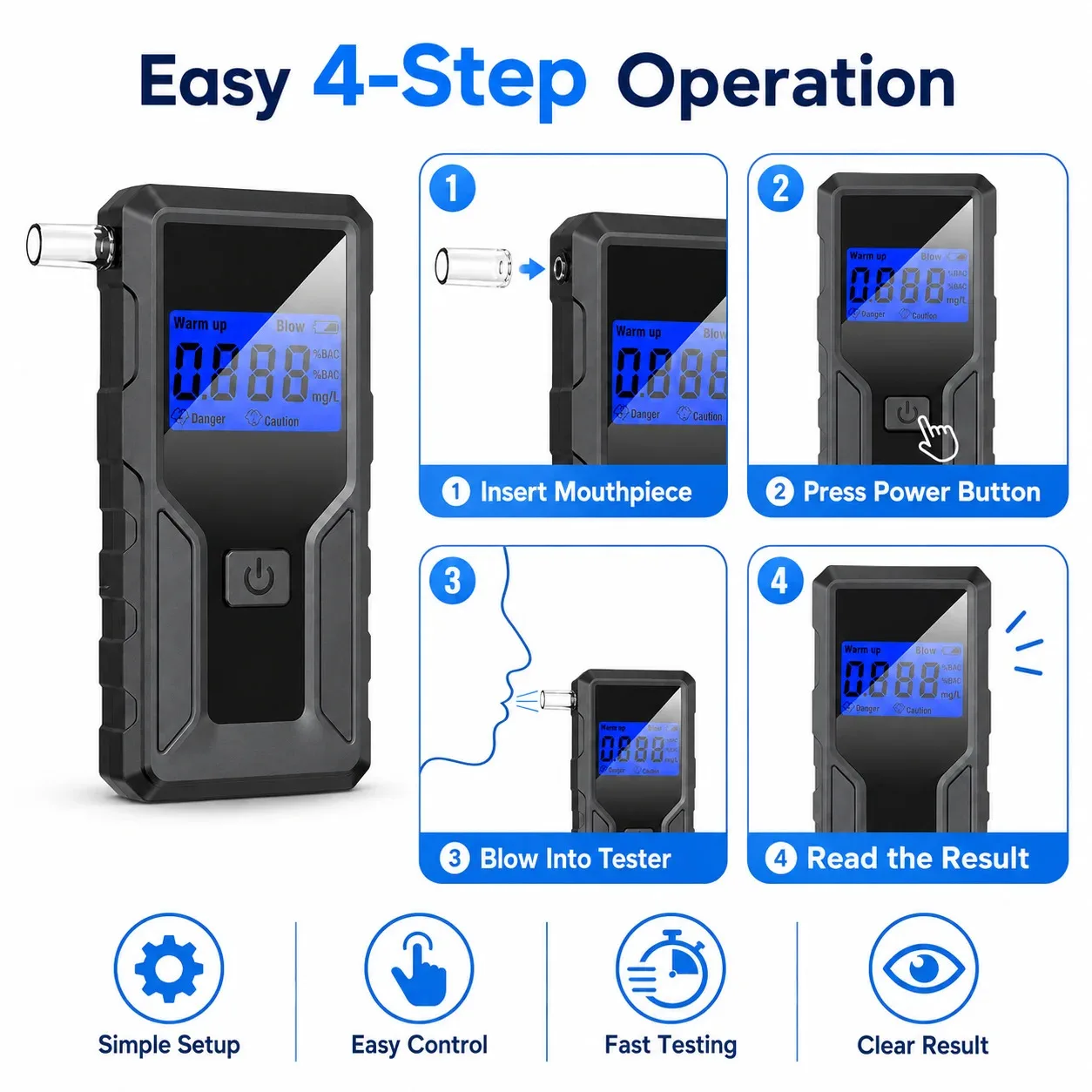 Mini Pocket Personal Breathalyzer, Multi Unit Switching Alcohol Tester %BAC/‰BAC/mg/L, with 5 Blow Pipes for Multi-Person Test