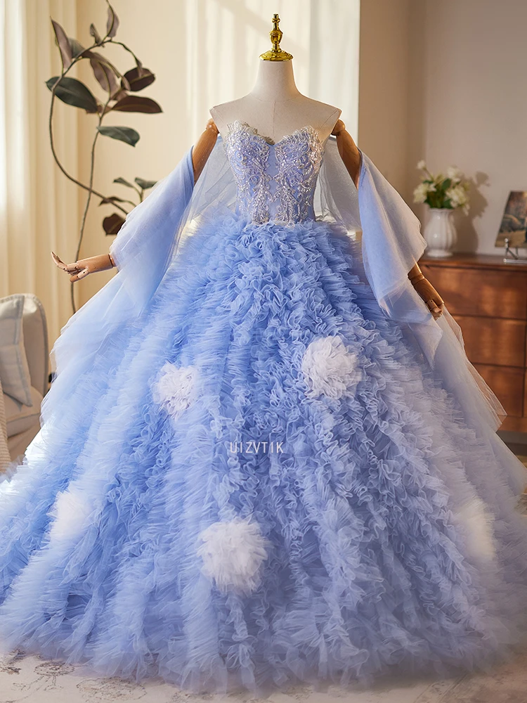 Luxury Strapless Blue Ruffle Ball Gown Elegant Tulle Wedding Photography Dress Customized Party Evening Special Occasions Gown