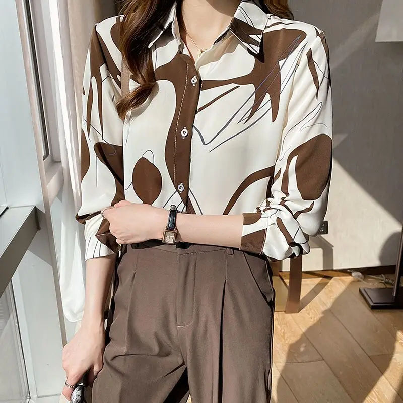 Women Spring Korean Fashion Loose Printing Chiffon Polo-Neck Long Sleeve Shirts Women Clothes Casual All-match Appear Thin Tops