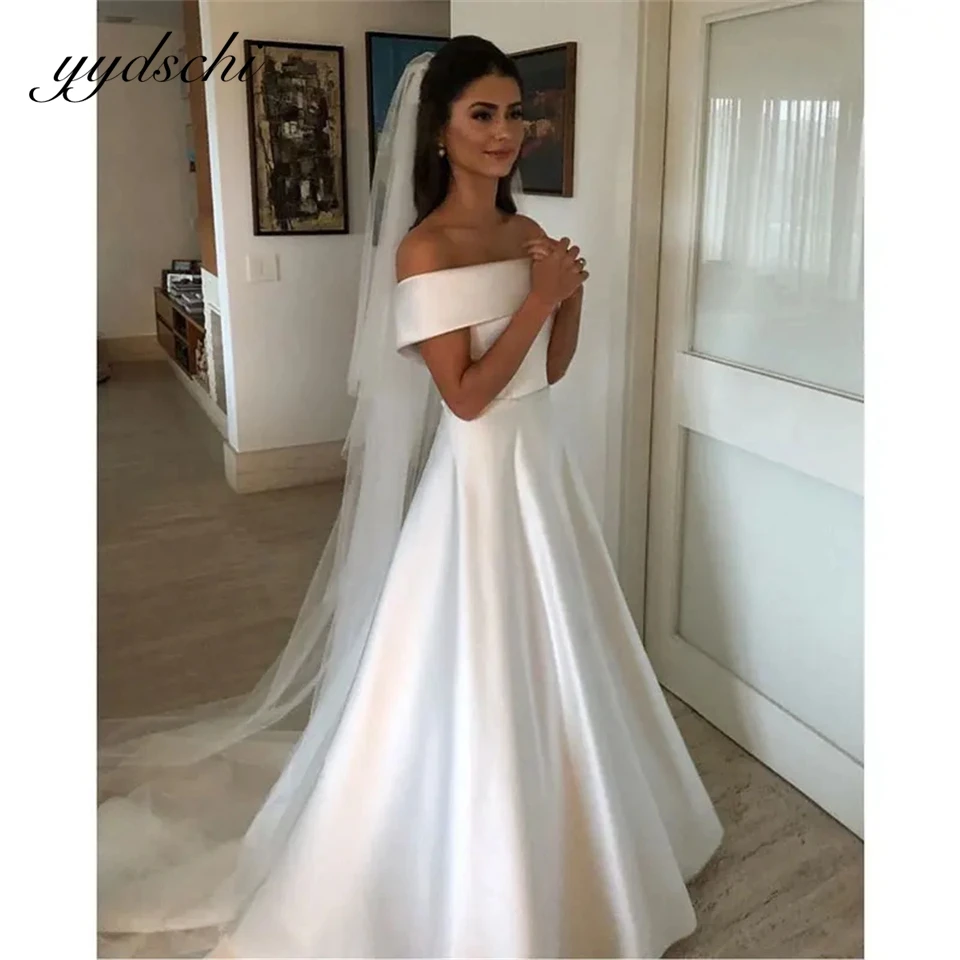 Simple Boat Neck off shoulder Satin Button A-line  2024 Wedding Dresses for woman Sweep Train Bridal Gowns Vestidos De Noiva