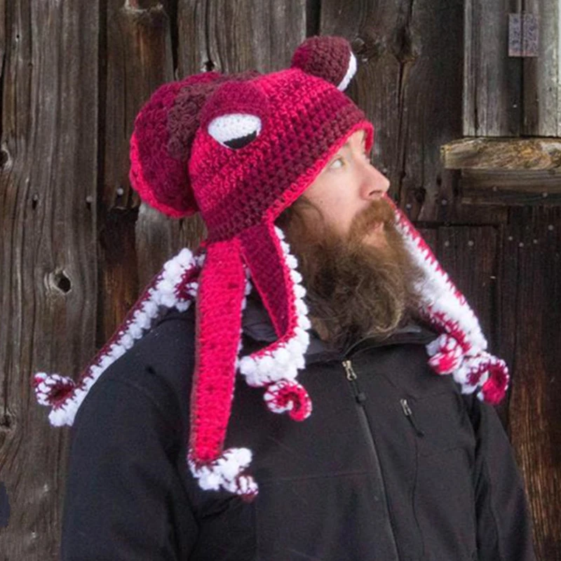 Novelty Handmade Funny Tentacle Octopus Hat Crochet Cthulhu Beard Beanie Men\'s Women\'s Knit Wind Mask Cap Halloween Animal Gift