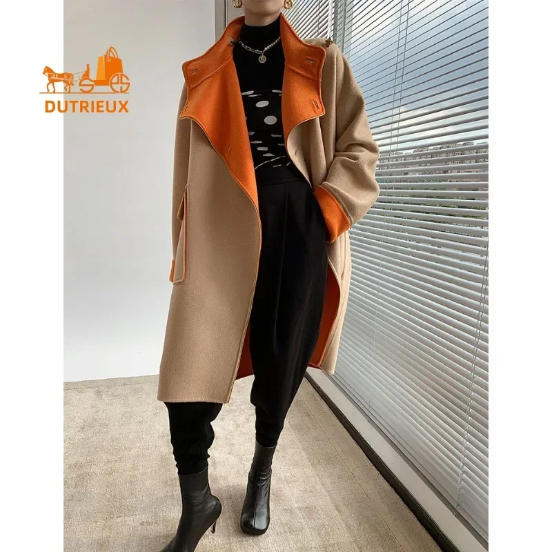 High Quality 100% Cashmere Women Winter Coat Jacket, Luxury Long Water Ripple Double Face Cashmere Wool Jacket Women Tweed Coat