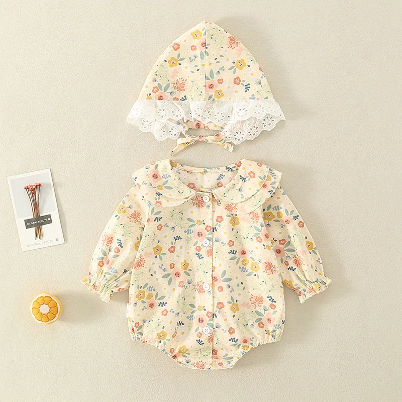 Zomer Baby Meisjes Romper + Hoed Katoen Peter Pan Kraag Ruches Kant Met Lange Mouwen Baby Rompertjes Pasgeboren Kleding Bebe Leuke kledingstukken