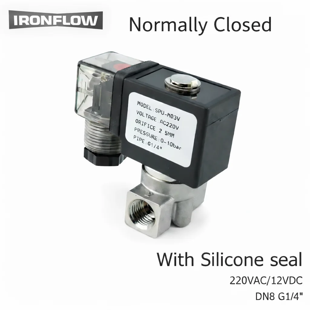 G 1/4'' DN8 Normally Closed Stainless Steel Solenoid Valve with Silicone Rubber Seal Pipe Fitting 220VAC 12VDC for Water Air Oil