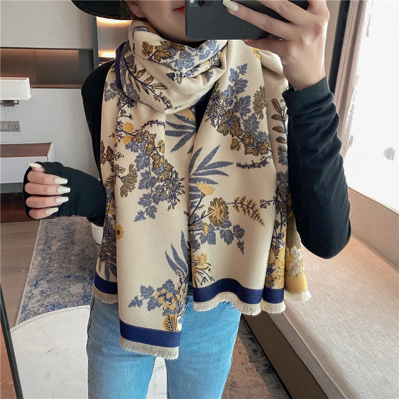 

Women Print Plants Flower Cashmere Capes Wrap Reversible Scarf Hijabs Shawl with Tassel Bufanda Echarpe Thick Cachecol Feminino