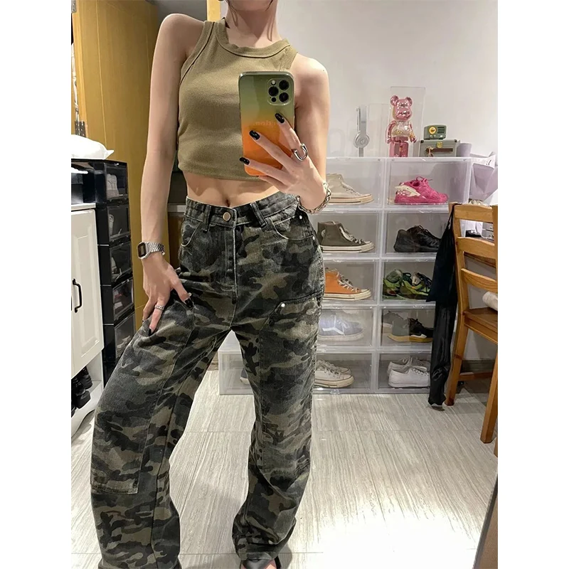 Primavera autunno sciolto moda Casual Camouflage Denim pantaloni Cargo femminile a vita alta tutto-fiammifero pantaloni dritti abbigliamento donna