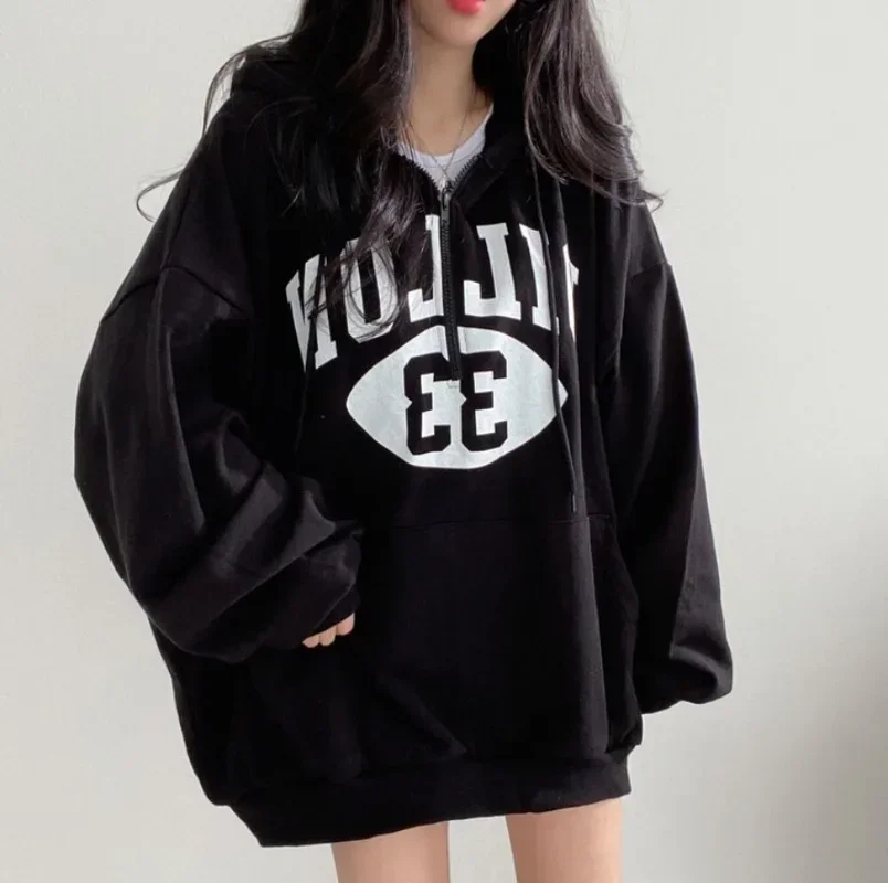 Girl Hip Hop Oversized Hoodies Women Zip Up Harajuku Top Letter Print Sweatshirts Korean Vintage Loose Autumn Winter Tops