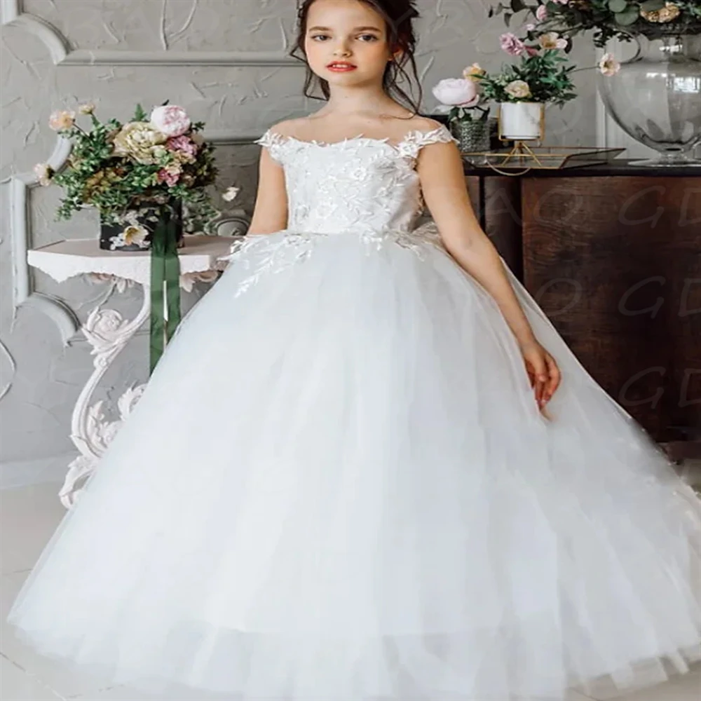 

White Flower Girl Dresses For Weddings Tulle Appliques Ball Gown Backless Toddler Pageant Gowns Birthday First Communion Dresses