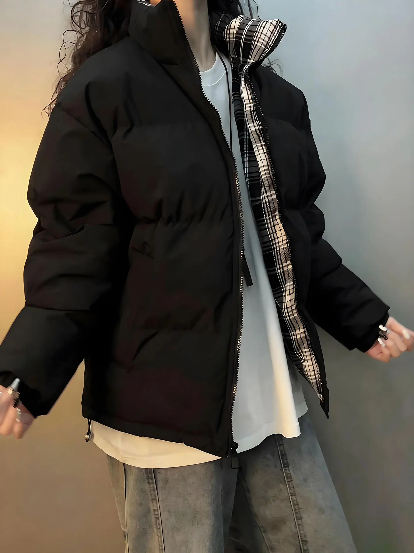 

Thiened Plaid Splicing Jaet Cotton Coat Men's Winter High Sensation Bread Sle Stand Collar Zipper Closure Long Sve C...