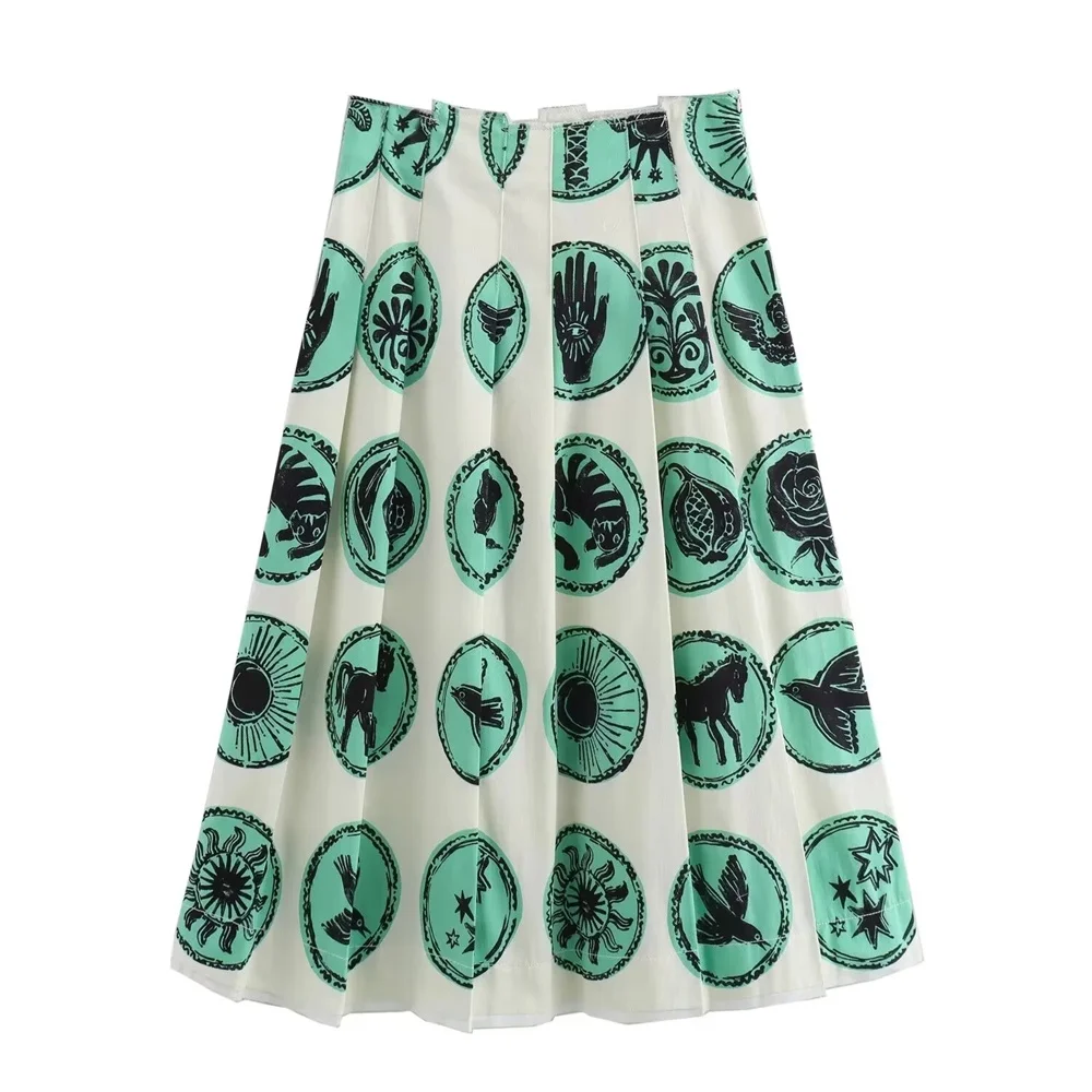 PB&ZA 2024 Spring Summer New Women\'s Fashion and Stylish Printed Short Top with Wide pleats Half skirt