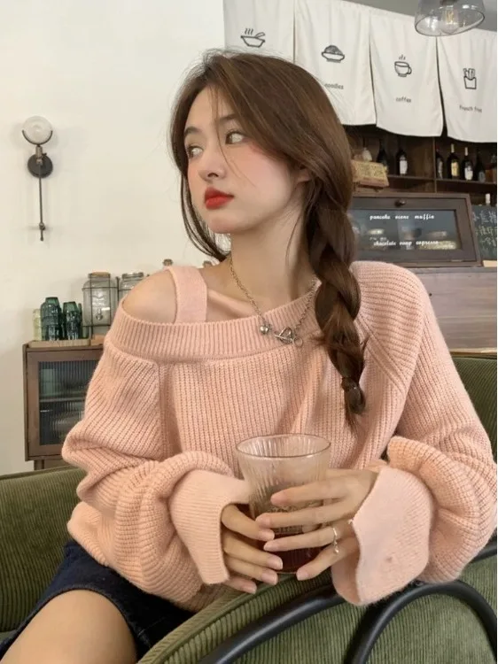 

Pink One-oulder Knitted Sweater Women's Autumn Winter Thiened Outerwear Design Casual Loose Fit Soft Polyester Fiber