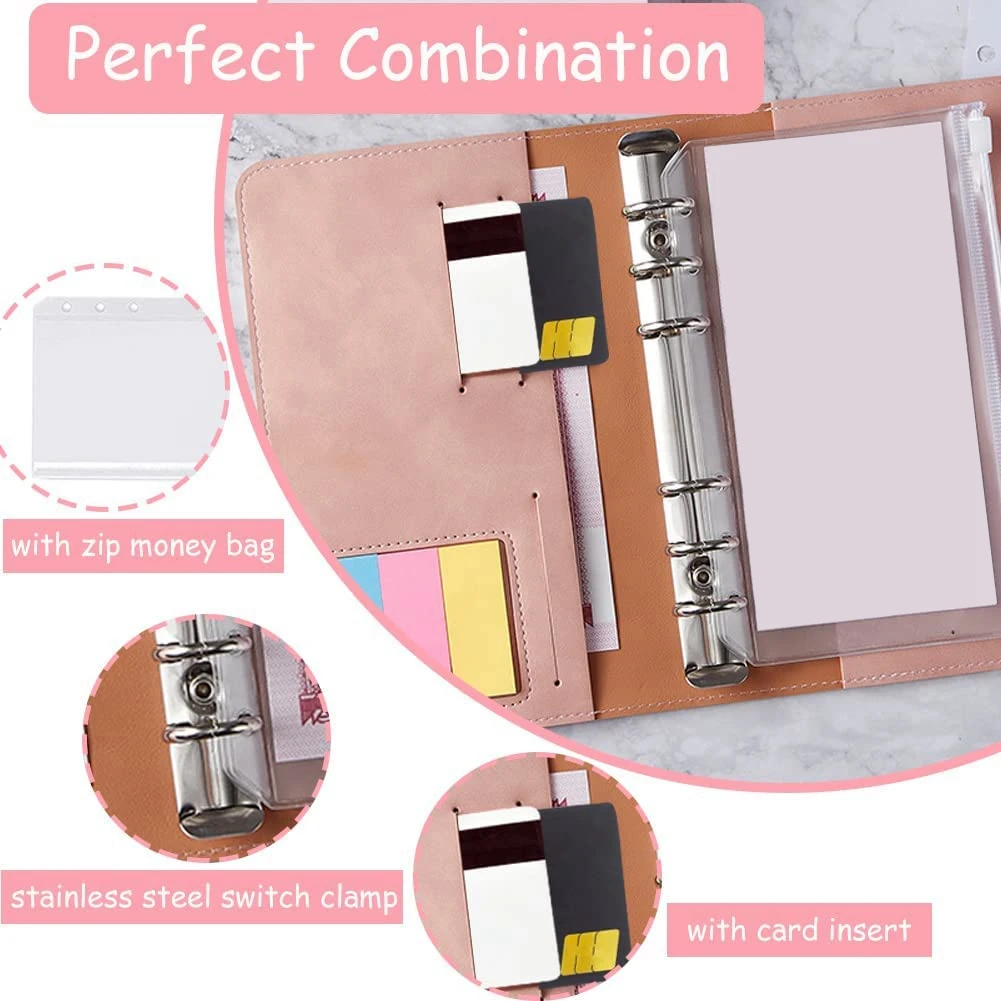 ซองจดหมายเงินสด A6สำหรับการจัดทำงบประมาณ-แพลนเนอร์สมุดเงินงบประมาณหนัง PU กระดาษแยกและสติกเกอร์สีน้ำเงินเข้ม