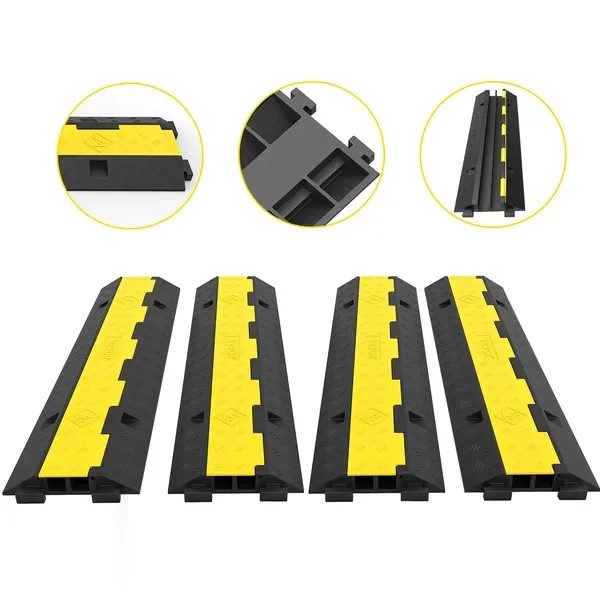 

Cable Protector Ramp, 4-Pack 2-Channel Rubber Speed Bump, 11000 LBS Capacity, Driveway Wire Protection