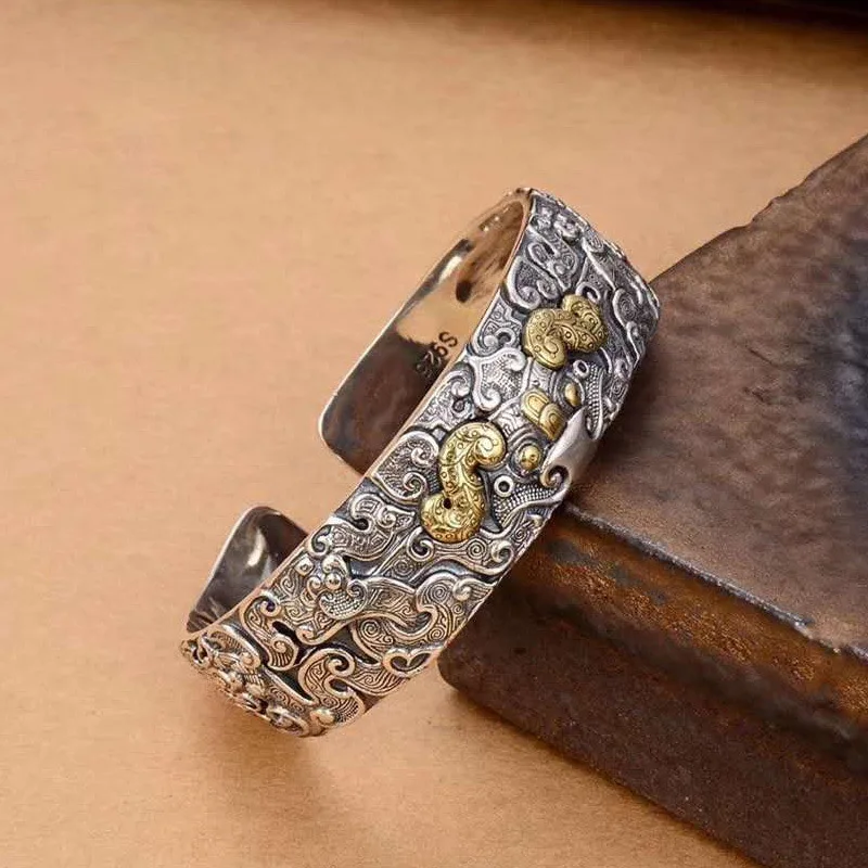 الرجعية العرقية نمط الفضة 925 محفورة الوحش الإلهي المهيمن الماشية سوار موضة الرجال والنساء الاستبداد مجوهرات ﻿ ﻿