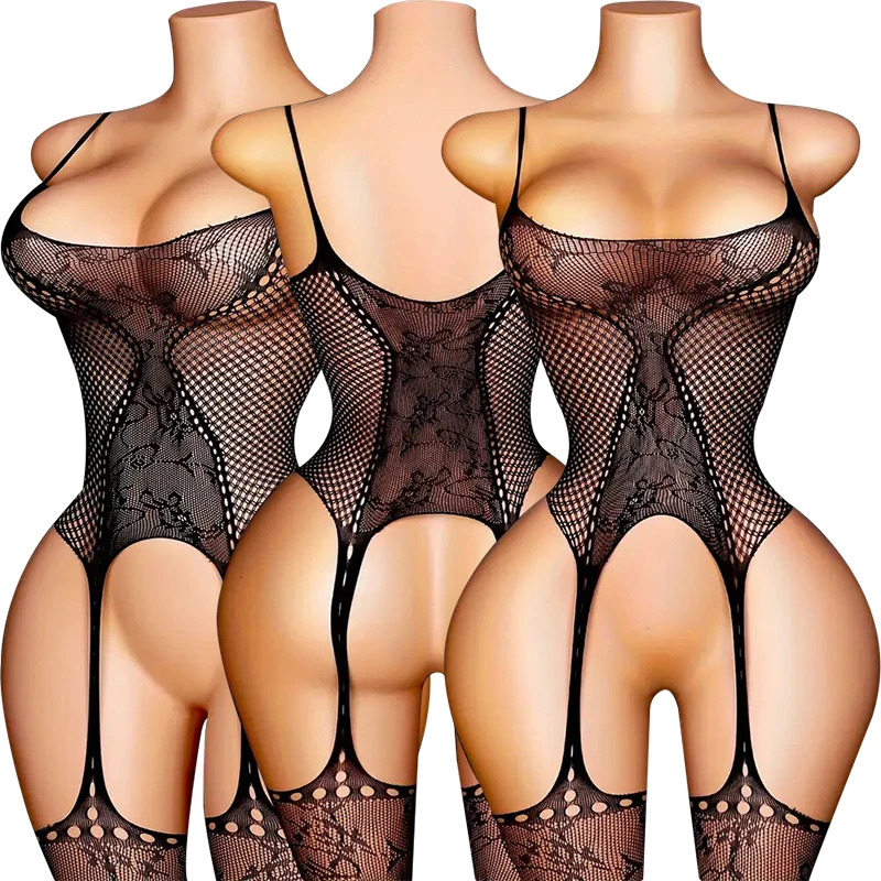 Ensembles de lingerie érotiques pour femmes, noirs, sexy, en résille ajourée, comprenant des bodys, des combinaisons, des soutiens-gorge bas et des bodystockings à bretelles, avec ouverture à