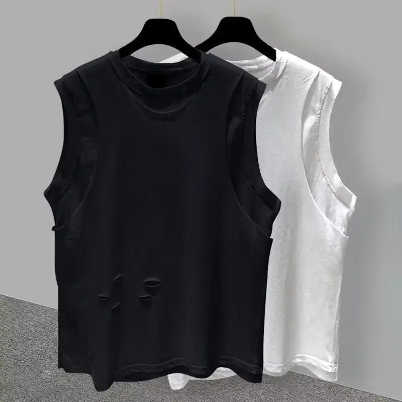 Men\'s Clothing Sleeveless T-shirt Summer Loose Men Tank Top Leisure Solid Hole Priming Shirt Round Neck Fitness Running Men Tops