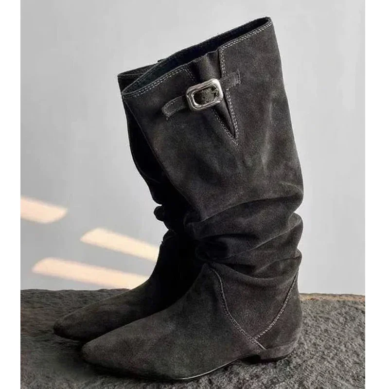 Eilyken مصمم مشبك حزام أشار تو أحذية عالية في الركبة النساء ساحة منخفضة الكعب أحذية الشتاء السيدات فستان الحفلات الجوارب