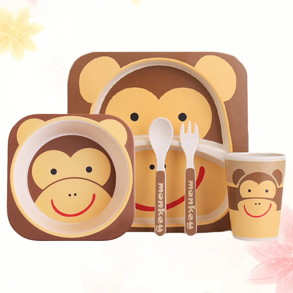 1 Set/5pcs Monkey Pattern Kids Flatware Lovely Children Tableware Set Cretive Dinnerware for Home Daily Use