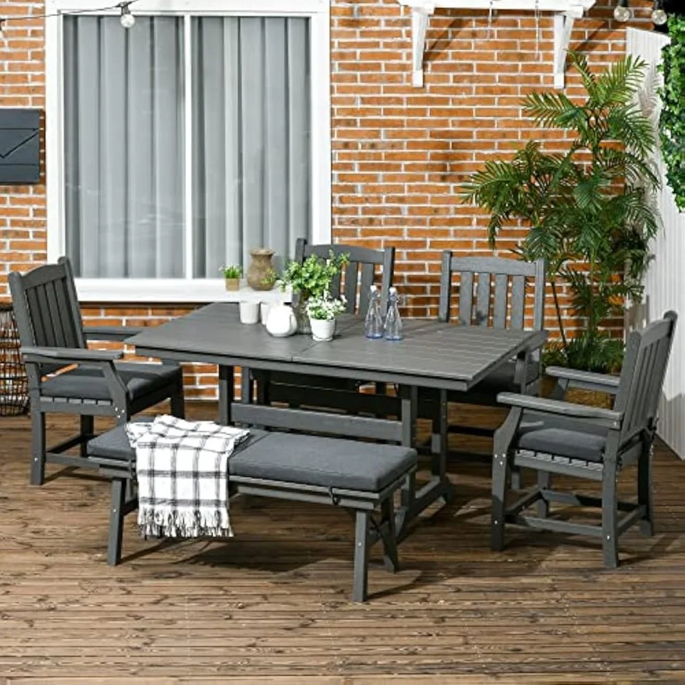 6 Pieces Patio Dining Set, 6 Seater Outdoor Table and Chairs, Conversation Furniture, Armrests, Loveseat Bench, Dinner Table