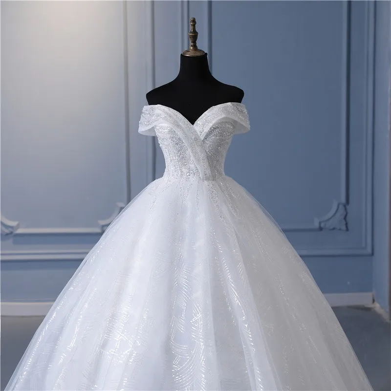 Y&m Novias Glitter vory Wedding Dresses Lace Beaded Ball Gown Cheap Off The Shoulder Short Sleeve Bridal Customized Plus Size